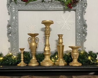 5 Shimmery Bright Shimmering Gold Ornate Candle Holders * Set of 5 Christmas Eclectic Candlesticks * Chunky Baroque Ornate Table Top Mantel