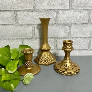 Antiqued Gold Ornate Candlestick Holders Set of 3 Painted Vintage Glass Taper Holders Table Top Decor Home & Living image 4