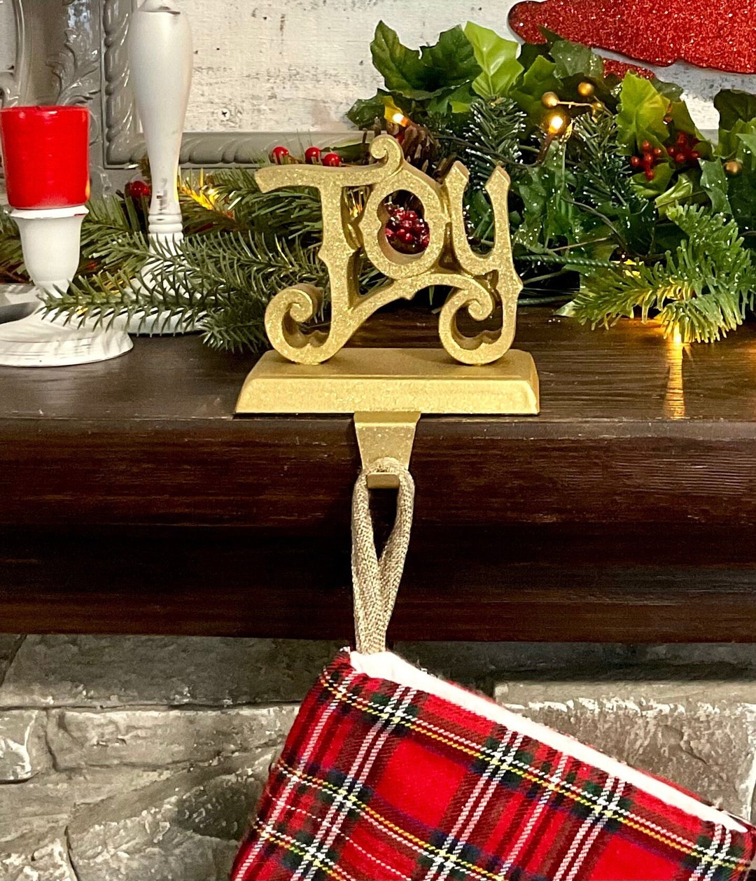 Shimmery Gold JOY Stocking Hanger, Gold Stocking Holder, Holiday Mantel