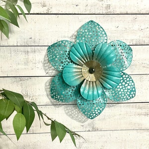 GLISTENING TURQUOISE 16" Metal Flower for Hanging ‘SUZANNE’ /Hand Painted/Front Door Fence Wall Patio Decor/Metal Wall Art/Metal Yard Art