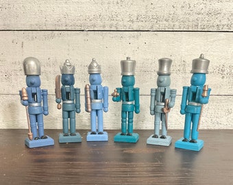 6 Wood Soldier Nutcrackers 5" Tall Shades of Blue, Hand Painted Wood Christmas Nutcrackers, Table Top Mantel Christmas Decor, Shelf Sitter