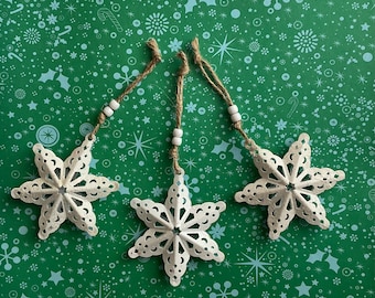 Set of 3 Dimensional Snowflake Ornaments/Glittery White Metal Filigree Snowflake/White Tree Ornament/Hanging Snowflake/Christmas/Gift Tag