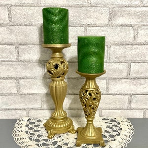 Pair Bright Shimmering Gold Pillar Candle Holders* Baroque Ornate Raised Detailing* Christmas Table Top Decor * Home & Living