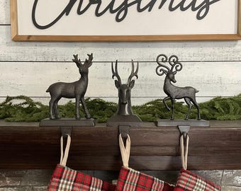 Oil Rubbed Bronze Buck Stocking Holders, Eclectic Set 3Metal Deer Stocking Hanger, Woodland Theme Christmas Decor