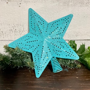 Glittery Blue Metal Star Christmas Tree Topper - Punched Design