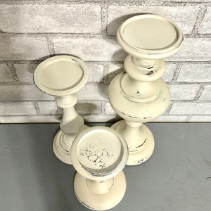 Shabby White Candle Holders Set of 3 Pc Pillar Candle Holders Farmhouse Cottage Chic Metal Candleholders image 6