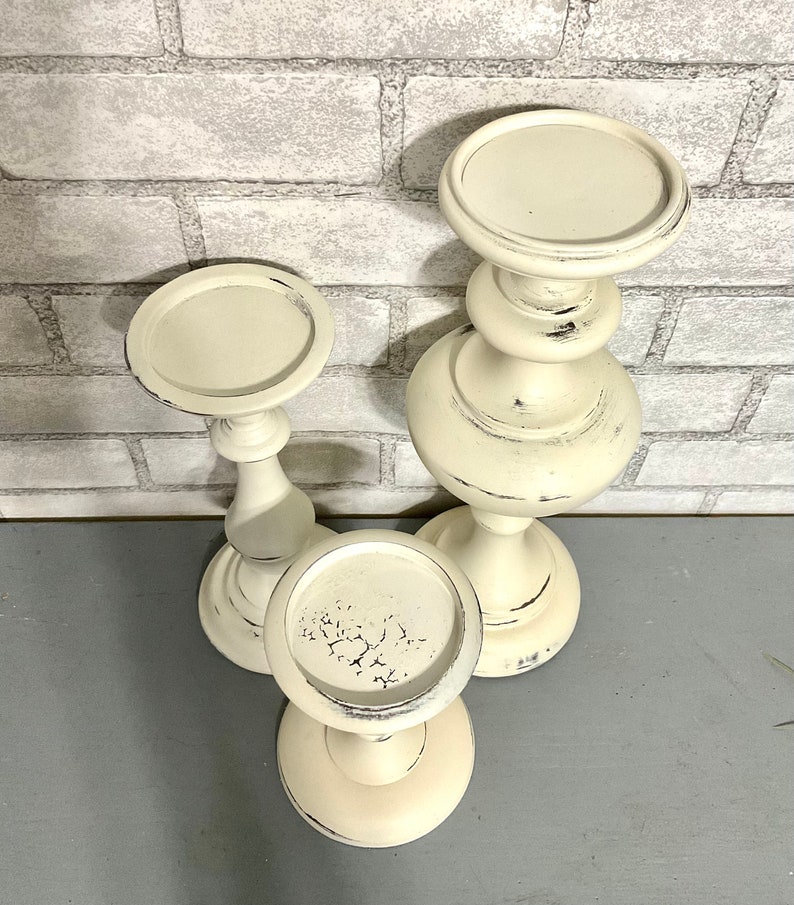 Shabby White Candle Holders Set of 3 Pc Pillar Candle Holders Farmhouse Cottage Chic Metal Candleholders image 6