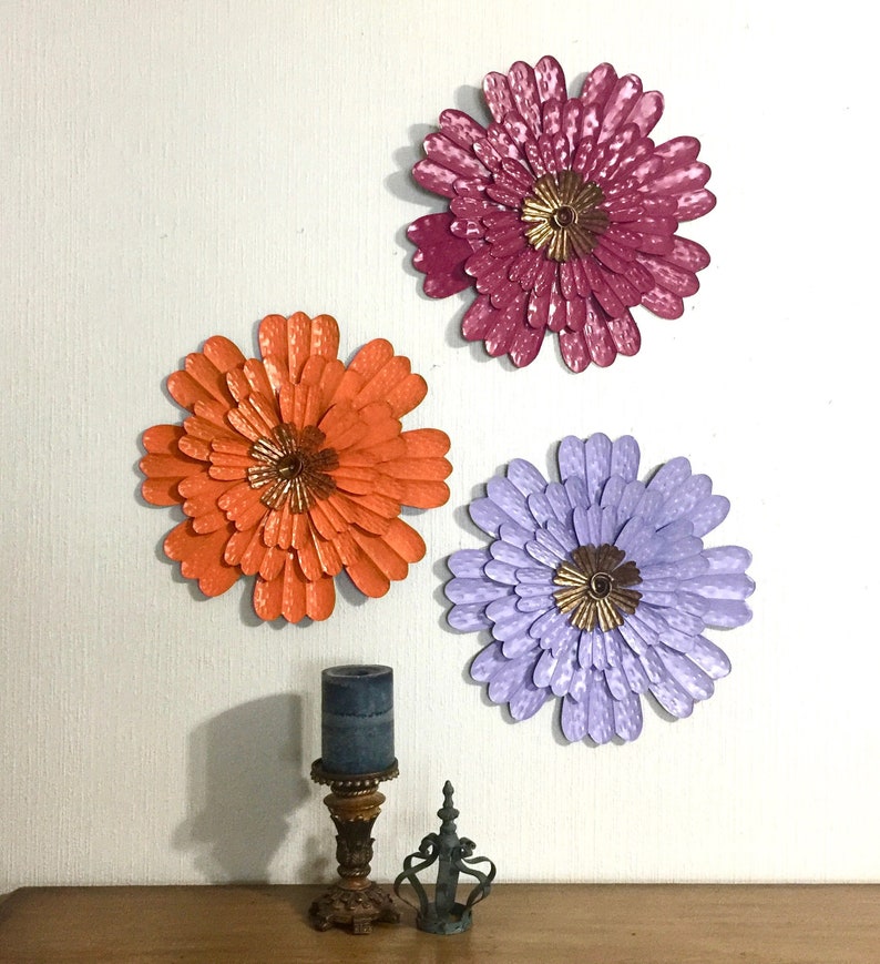 14 Metal Flower Wall Art Orange Lavender Boysenberry Set Of 3 Fence Decor Yard Patio Barn She Shed