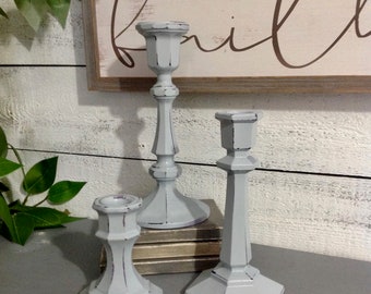 Elegant Gray Slender Glass Candlesticks Eclectic Set of 3 / Table Top Taper Holders / Tablescape Dining Table / Home and Living