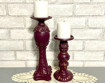 Pair French Inspired Aubergine Pillar Candle Holders * Baroque Ornate Raised Detail Table Top Decor * Home & Living