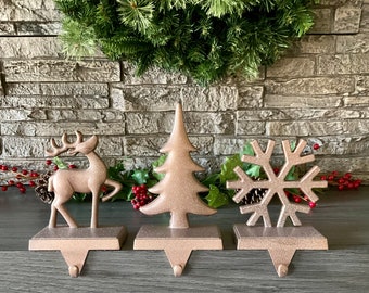 Rose Gold Low Profile  Stocking Holders Set of 3, Snowflake Tree Deer Christmas Stocking Hanger, Rose Gold Mantel Decor