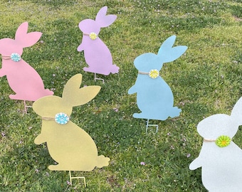 22" Glistening Silhouette RABBIT Yard Stakes - Pink Blue Lilac White Yellow Metal Garden Easter Bunny - Easter Metal Yard Art