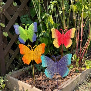 Set of 4 Colorful Butterfly Flower Pot Stakes 22&quot; Tall - Hand Painted Ombre Butterfly Metal Garden Art - Metal Yard Art