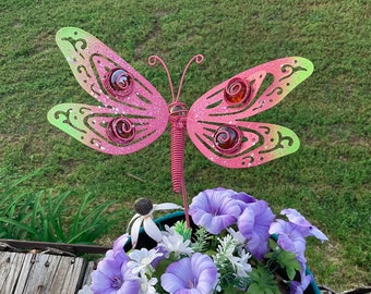 Fluttering Pink/Lime Dragonfly Flower Pot Stake-Spring-Wing Dragonfly Yard & Garden Stake-Action Metal Yard Art