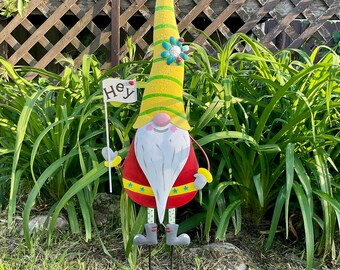 30" Tall Gnome Garden Stake 'ELTON' - Hand Painted Gnome Metal Garden Art - Garden Patio Porch Decor - Metal Yard Art