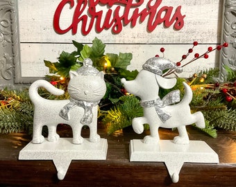 Set of 2 Glittery White DOG & CAT Stocking Holder, White w/Silver Glitter, Fur Child Animal Christmas Stocking Hanger #W41