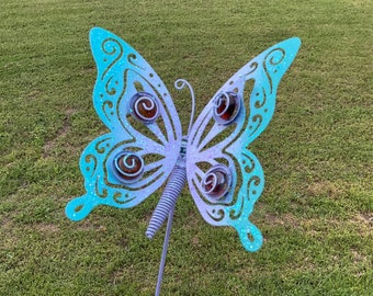 FLUTTERING BUTTERFLY Flower Pot Stake-Purple & Blue Butterfly Garden Stake-Metal Garden Art-Metal Garden Friends Stakes-Metal Yard Art