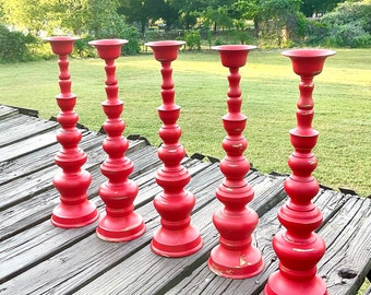 18" Tall Red Painted Brass Candlestick Holders Taper or Small Pillar * Red Up-Cycled Vintage Candle Holders * Farmhouse Cottage Christmas