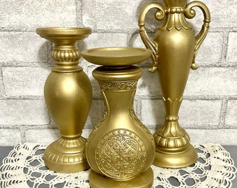 French Inspired Shimmery Gold Pillar Candle Holders Set of 3 * Baroque Ornate Raised Detail Table Top Decor * Home & Living