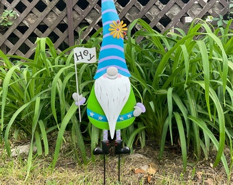 30" Tall Gnome Garden Stake 'Maynard' - Hand Painted Gnome Metal Garden Art - Garden Patio Porch Decor - Metal Yard Art