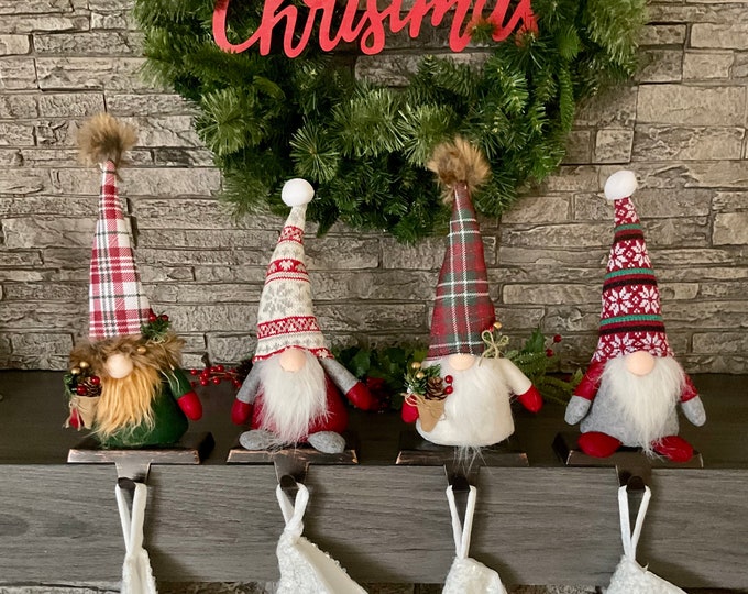 Set of 4 Christmas Gnome Stocking Holders 11 Tall, Fabric Gnome