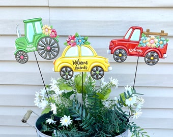 Set of 3 Flower Pot Stakes Farm Truck, Tractor, Beetle 24" Tall/Welcome Sign/VW Bug Yard Stake/Garden Decor/Metal Yard Art