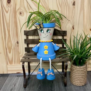 Hand-Painted Clay Pot Person Planter: Blue Whimsy Flower Pot, &#39;Camilla Potter&#39;