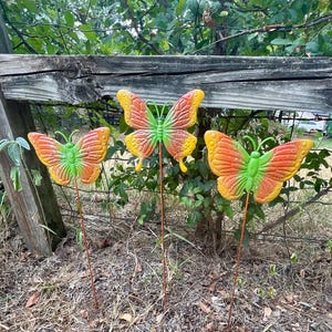 Hand Painted Butterfly Flower Pot Stakes (Set of 3) - Metal Garden Art