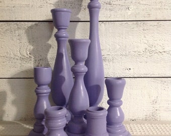 Lavender Turned Wood Candlesticks 7 Pc Taper Candle Holders* Cottage Shabby Chic Candleholders