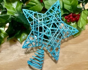 Turquoise Wire Star Christmas Tree Topper: Glitter Decor (4.5")