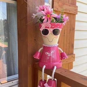 Clay Pot People Planter &#39;ROSEMARY POTTER&#39; / Large Pink Whimsy Flower Pot / Terra Cotta Pot / Fun Gardening Decor