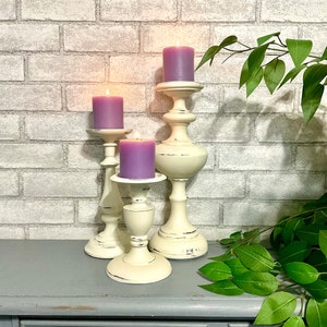 Shabby White Candle Holders Set of 3 Pc Pillar Candle Holders Farmhouse Cottage Chic Metal Candleholders image 1