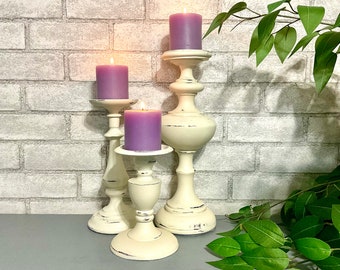 Shabby White Candle Holders Set of 3 Pc Pillar Candle Holders* Farmhouse Cottage Chic Metal Candleholders