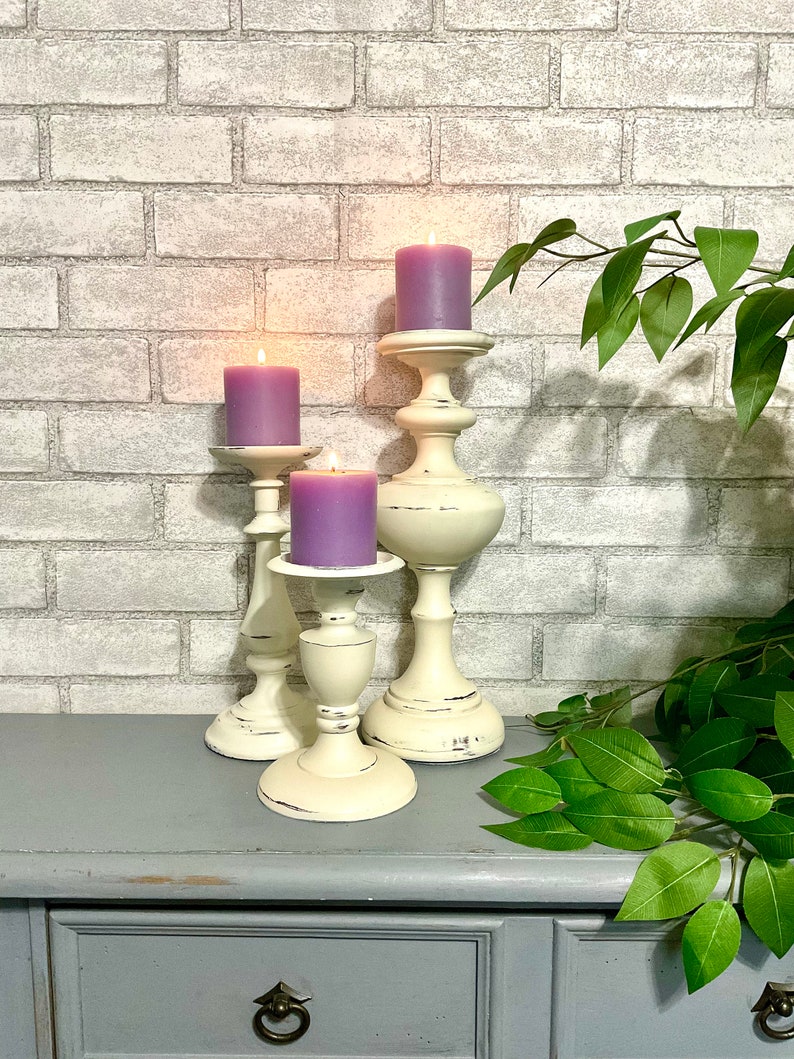 Shabby White Candle Holders Set of 3 Pc Pillar Candle Holders Farmhouse Cottage Chic Metal Candleholders image 1