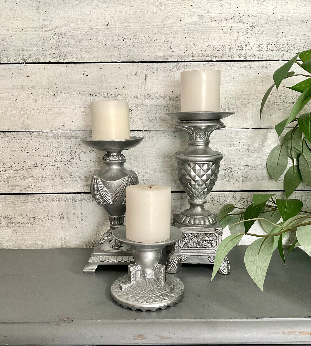 Metallic Silver Pillar Candle Holders Set of 3 Baroque Ornate Raised