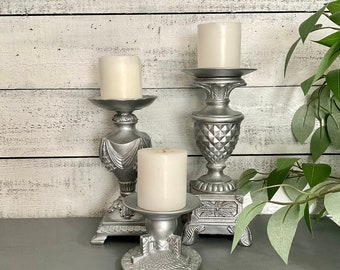 Metallic Silver Pillar Candle Holders Set of 3 Baroque Ornate Raised Detailing *French Inspired Table Top Decor * Home & Living