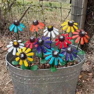 Iron CONEFLOWER Stakes 15" High - Vibrant Color Metal Garden Flowers Pick Your Color - Flower Pot Decor - Metal Yard Art