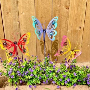 Fluttering Butterfly Garden Stakes 24" Tall - Metal Flower Pot Art Decor