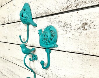 3 Mixed Cast Iron Wall Hooks, 2 Birds and 1 Snail, Turquoise Blue Wall Hooks, Jewelry Hanger Country French Wall Decor