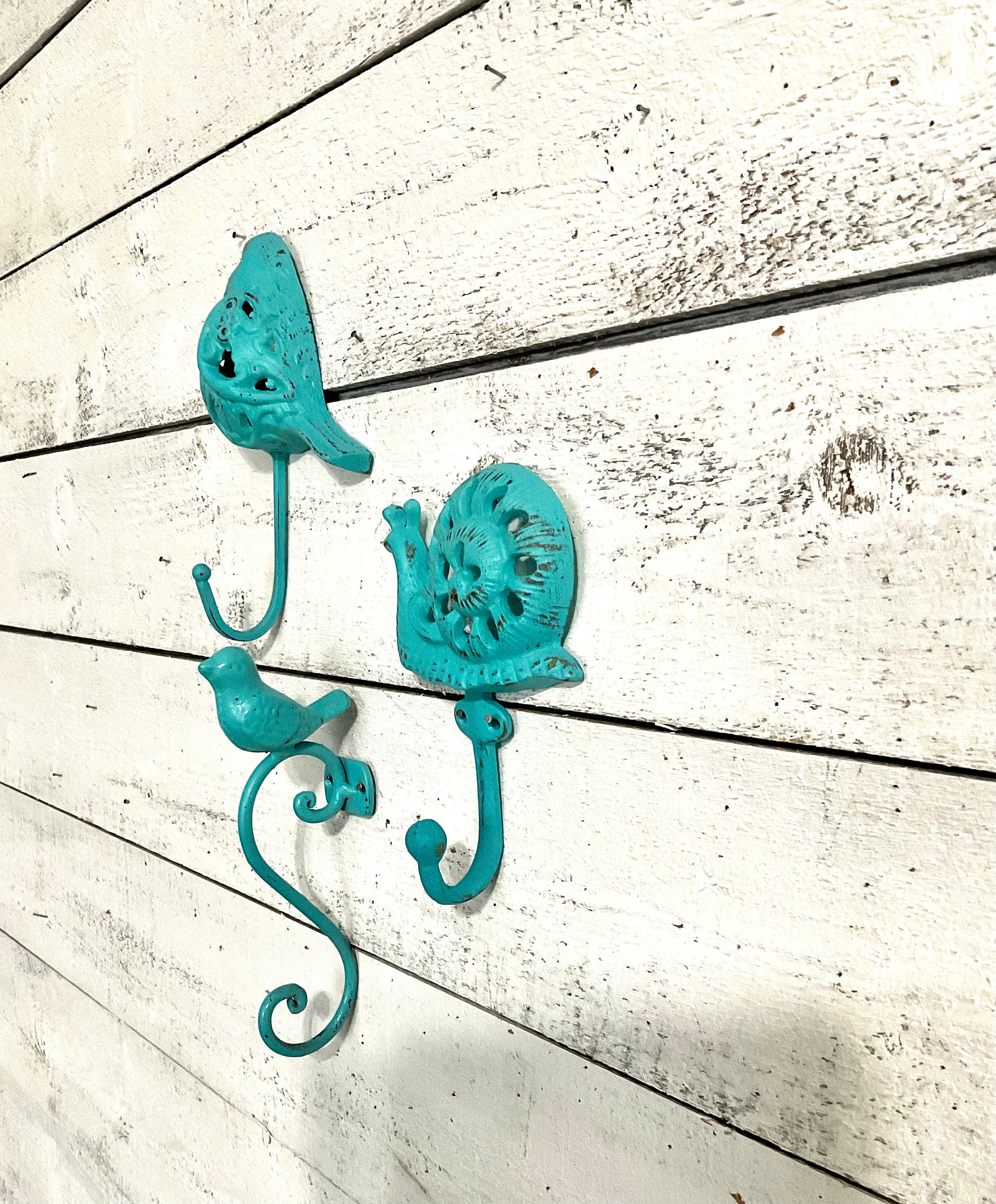 3 Mixed Cast Iron Wall Hooks, 2 Birds and 1 Snail, Turquoise Blue