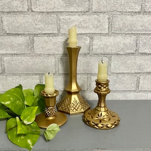 Antiqued Gold Ornate Candlestick Holders Set of 3 Painted Vintage Glass Taper Holders Table Top Decor Home & Living image 1