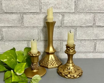 Antiqued Gold Ornate Candlestick Holders Set of 3 - Painted Vintage Glass Taper Holders - Table Top Decor - Home & Living