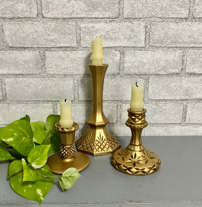 Antiqued Gold Ornate Candlestick Holders Set of 3 Painted Vintage Glass Taper Holders Table Top Decor Home & Living image 1