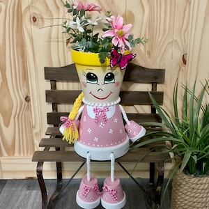 Hand-Painted Clay Pot Person Planter: Pink Dress, Yarn Braids &#39;Willow&#39;