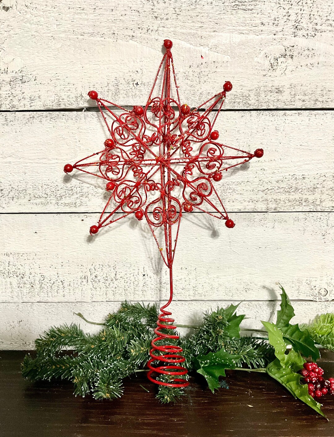 Sparkly Red Metal & Wire Star Tree Topper 15, Large Tree, Glittery Red