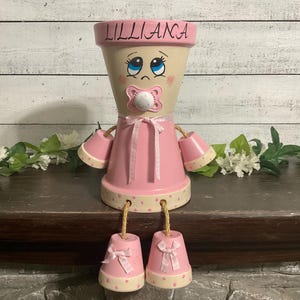 Custom Order for Theresa / Personalized Clay Pot Baby Planter / Large Pink & White Whimsy Terra Cotta Flower Pots / Baby Shower/Nursery