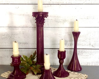 Aubergine Glass Taper Candle Eclectic Holders Set of 5 /Deep Plum Table Top Candlestick Holders/Baroque Candlestick Holders/Home and Living