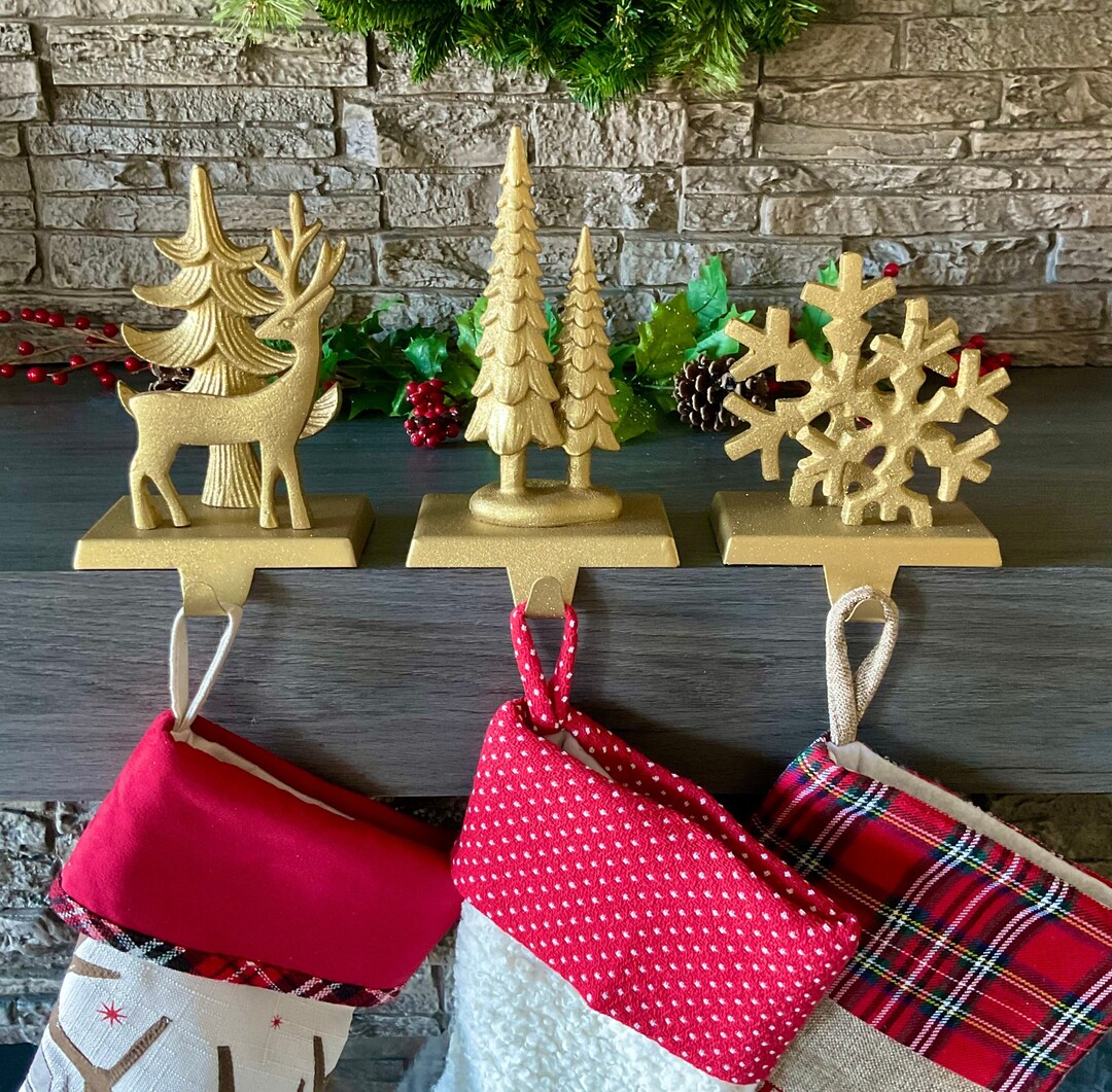 3 Double Stocking Hangers Shimmery Gold / Snowflaketreedeer Stocking