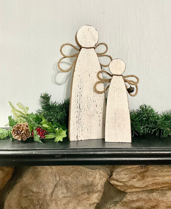 Pair Wooden Farmhouse Angel Shelf Sitters Freestanding White Etsy