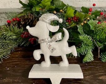 Glittery White Dog Stocking Holder, Fur Baby Christmas Stocking Hanger, Animal Stocking Hanger, White Mantel Stocking Holder, Christmas